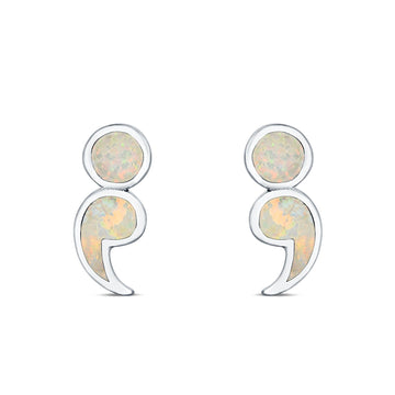 Semicolon Stud Earrings Lab Created White Opal 925 Sterling Silver (11mm)